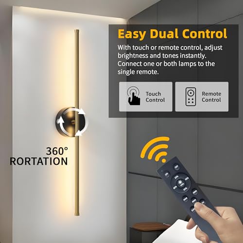 Image of Battery Operated Wall Sconces with Remote Control, Dimmable Wall Sconces Set of Two, 350Rotate, 3000K LED Matte Black and Brass Gold Wireless Wall Light for Living Room, Bedroom, Hallway, 28.3 Inch