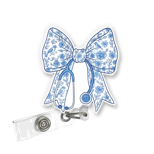 ULTRAVUTT Blue Floral Bow Nurse Badge Reel – Stethoscope Design Retractable ID Holder with Alligator Clip, Cute Acrylic Accessory for Nursing Students, Medical Assistants, Doctors & Office Staff
