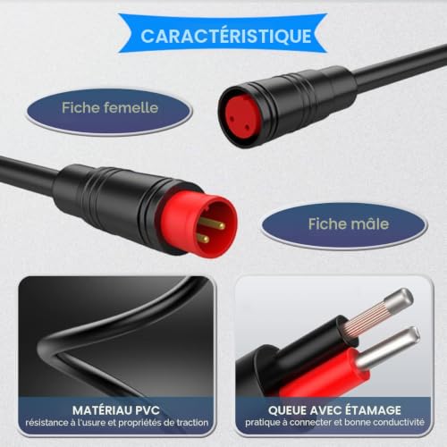 HAAMNING7 Lot de 5 paires de câbles d'extension étanches Julet à 2 broches pour vélo électrique - Câble de 20 cm avec fiches mâle et femelle pour éclairage, avec 20 gaines thermorétractables. – vue 6