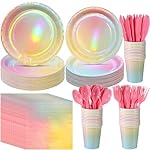 Iridescent Rainbow Party Decorations - Serve 25, Holographic Pastel Paper Plates and Napkins, Disposable Iridescent Rainbow Plates, Cups, Napkins for Girls Birthday, Wedding, Baby Shower