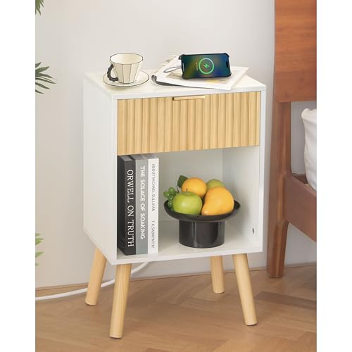 Image of Fultyle Night Stand with Charger Station, Modern Wood Nightstand with Drawer and Outlet, Fluted Bedside Table End Table with Solid Wood Legs for Bedroom, Living Room, Office (White Oak)
