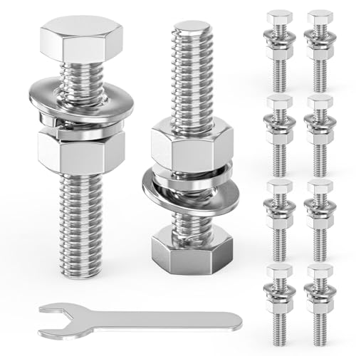 Image of 10PCS 1 /2-13 x 2-1 /2 inch 304 Stainless Steel External Hex Bolt, Fully Threaded Bolt with Nut Flat & Lock Washers and Spanner