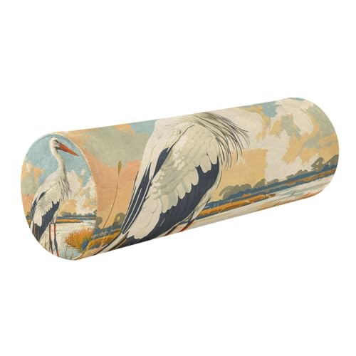 tplaotee Elegante almohada redonda con diseño de cigüeña blanca delicada para spa y cuello, almohada cilíndrica, almohada cilíndrica para cama