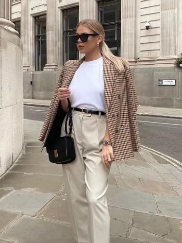Women's Plaid Blazers Casual Double-Breasted Lapel Open Front Suit Blazer with Pockets4