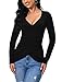 Afibi Women Deep V Neck Low Cut Long Sleeve Slim Shirt Tee Top Blouse (Large, Black)