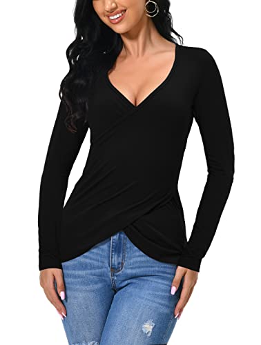 Afibi Women Deep V Neck Low Cut Long Sleeve Slim Shirt Tee Top Blouse3