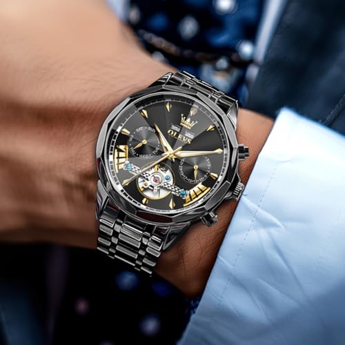 Image of OLEVS Automatic Self Winding Men's Wrist Watch Skeleton Stainless Steel Calendar Chronograph Waterproof Luminous Luxury Gift Branded Watch for Man