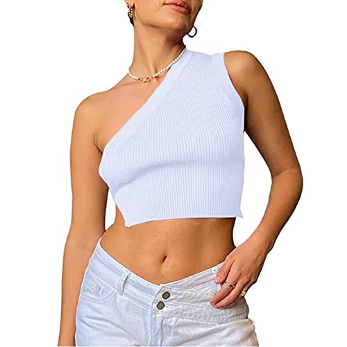 Braised Pork Women Y2k One Shoulder Backless Knitted Crop Top Sexy Rib Sleeveless Strappy Cami Tank Women Tist Front Knit Tube Top (White,Small) Cover