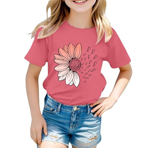 Girls Loose Fit Sunflower Graphic T Shirts Short Sleeve Crewneck Cute Pattern Printed Tops Kids (B-Pink, 6-7 Years)3
