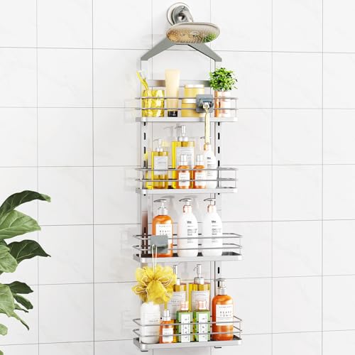 ODesign 4 Tier Height-Adjustable Shower Caddy Hanging Anti-Swing-Over The Shower Head Caddy- Storage Organizer Bathroom Shelves Basket Caddies-Silver