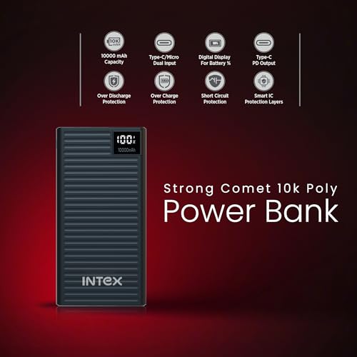 Image of Intex Strong Comet 10K Poly 10000mAh Power Bank with 22.5W QC PD Fast Charging, Digital Display, Dual Input Type-C and Micro USB, Multi Output, Slim Lightweight Travel Friendly Design (Black)