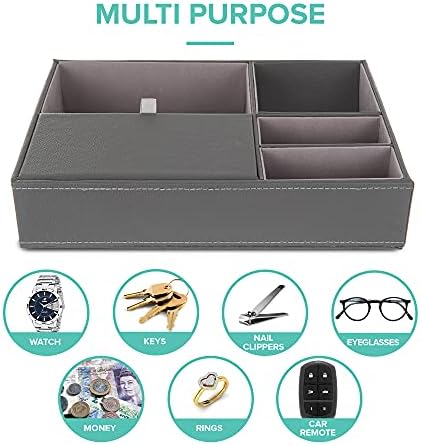 LIVIVO Deluxe 5 Compartment Valet Organiser Tray - Grey Textured Leather Faux Suede Lined Mens Jewellery Storage Box with Hinged Lid - Ideal Valentines Gift for Him