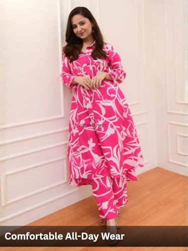 Image of Leriya Fashion Women's Cotton Printed A-Line Kurti Pant Set | Abstract Leaf & Floral Kurta with Trouser Pant | Casual Ethnic Co-ord Set for Women Stylish | Elegant Anarkali Style Tunic Kurta Set