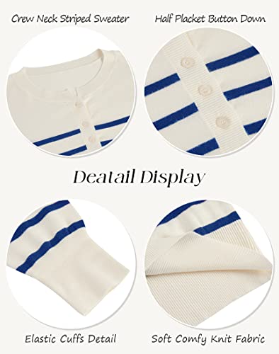 Fazortev Womens Striped Henley Sweaters Soft Lightweight Long Sleeve Crew Neck Loose Fit Knit Pullover Tops Blue thumb #3