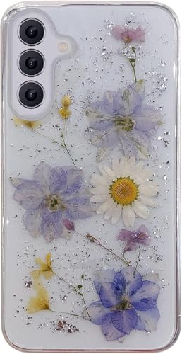Riccase for Samsung Galaxy A55 5G Case Clear with Real Dried Flower Patterns Shockproof Transparent Soft TPU Protective Bumper Slim Glitter Cute Floral for Samsung A55 5G Phone Case Purple Flower