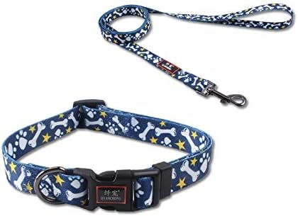 Cosyhome london Soft Nylon Dog collar with Lead Leash with Colorful Patterns, Comfortable Strong Dog Training Walking Lead Leashes with 2 D-ring for Small Medium Dogs, 1.2m × 2.0cm (s, bones)