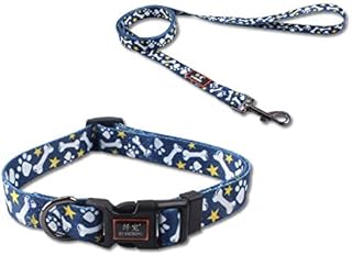Cosyhome london Soft Nylon Dog collar with Lead Leash with Colorful Patterns, Comfortable Strong Dog Training Walking Lead Leashes with 2 D-ring for Small Medium Dogs, 1.2m × 2.0cm (s, bones)