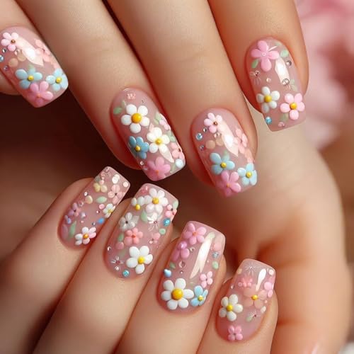 24Pcs Spring Summer Press on Nails Pink & White 3D Flower Design ...