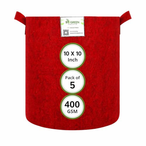 Image of Geo Fabric Grow Bags for Plants 10X10 Inch (Pack of 5) | 400 GSM Heavy Duty UV-Protected Round Maroon Colour Plant Bags for Terrace and Vegetable Gardening | Strong & Reusable|