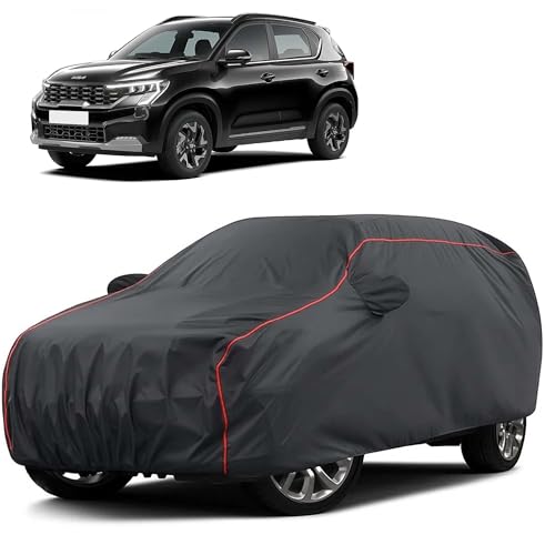 Image of Sulfar 100% Water Resistant Car Body Cover Compatible with Mirror for Kia Sonet (Triple Stitched, Full Bottom Elastic, Dark Grey Taffeta with Red Piping)