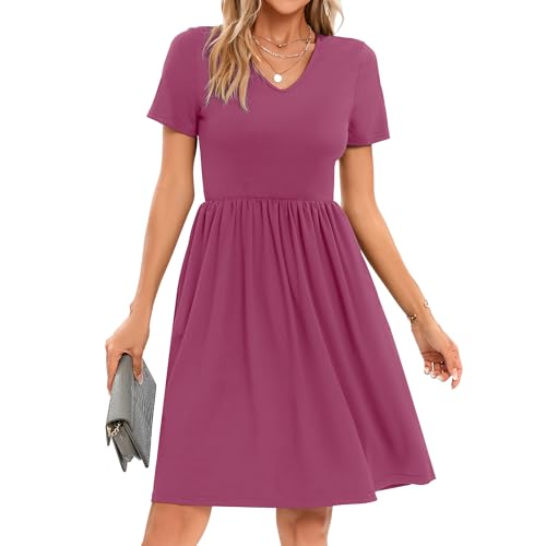 Image of Women's Spring Casual Short Sleeve A-Line Midi Loose Fit Teacher Dresses T-Shirt Flowy Work Travel Sundress with Pockets 2026