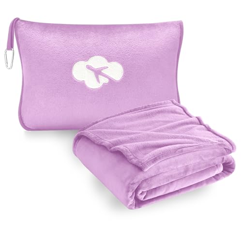 Travel Blanket and Pillow Compact Premium Soft 2 in 1 Airplane Blanket with Soft Bag PillowcaseHand Luggage Sleeve and Backpack Clip (Solid Purple)