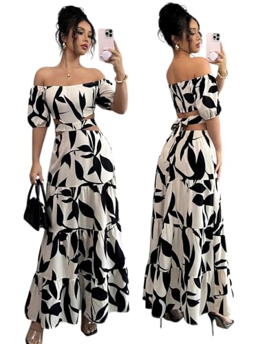 FOTKLAX Women's Boho Off The Shoulder Short Sleeve Maxi Dresses Casual Summer Tiered Ruffle Swing Cut Out Flowy Dress Apricot