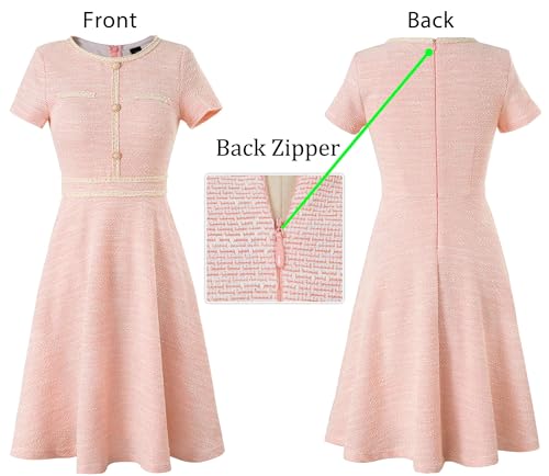 Image of VFSHOW Womens Buttons Pockets Office Business A-Line Dresses Short Sleeve Work Crew Neck Tweed Trim Fit and Flare Swing Dress