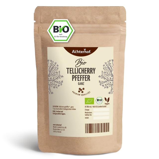 Tellicherry Pfeffer Bio (250g) ganz schwarz vom Achterhof (1. Sorte TGSEB) Auslese Pfefferkörner...