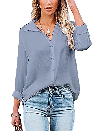 Yieune Bluse Damen Casual Shirts Lose V-Ausschnitt Oberteile Tunika Langarmshirts Business Tops Basic Hemd (Grau XL) Cover