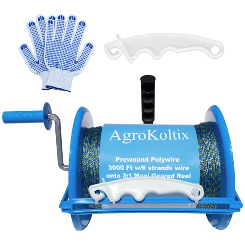 Prewound Polywire 3000ft onto 3:1 Geared Electric Fencing Reel Integrated Wire Guide for Constant Tension & Auxiliary Unwinding Handle - Heavy Duty Farm Garden Livestock Fencing