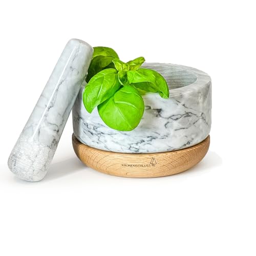 KRONENSCHLUSS – Mortaio con pestello – durevole con base in legno di quercia stabile e marmo robusto – Diametro 14 cm