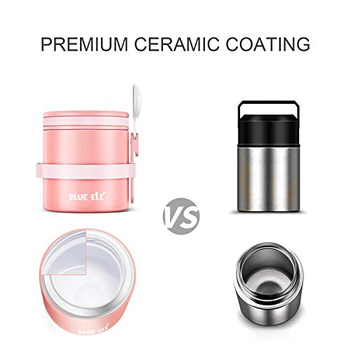 Blue Ele Leakproof, Vacuum Insulated Thermos Hot Lunch Containers With Ceramic-Coated Stainless Steel, Easy Grip Lid, And Folding Spoon, 13.5Oz, Carnation Pink #TOP2