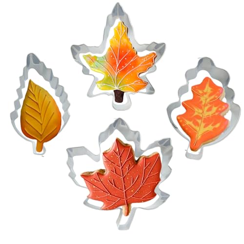Fall Leaves Cookie Cutters Set, 4 Piece Leaf Cookie Cutter Set Maple, Oak(Big and Small Size), Stainless Steel Molds