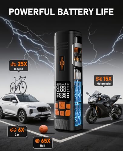 Image of Tire Inflator Portable Air Compressor, 150PSI Air Pump for Car Tires, LED Light & Auto Shutoff, Cordless Electric Bike Tire Pump with Digital Pressure Gauge for Car, Motorcycle, Bicycle, Ball