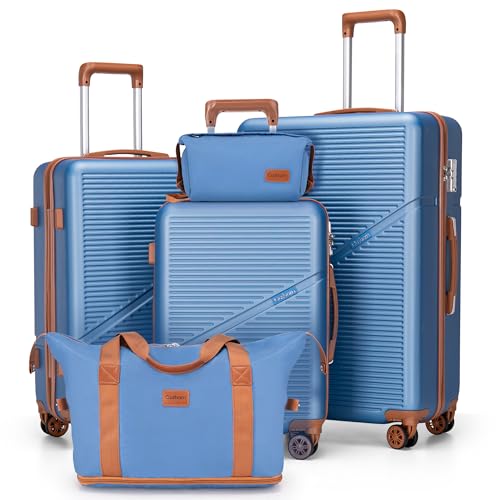 Cosbarn 5 Piece Luggage Sets with Spinner Wheels, Hardshell ABS Suitcase Set with Tsa Lock, Lightweight Hardside Waterproof Travel Suitcases for Men Women, HazeBlue (20