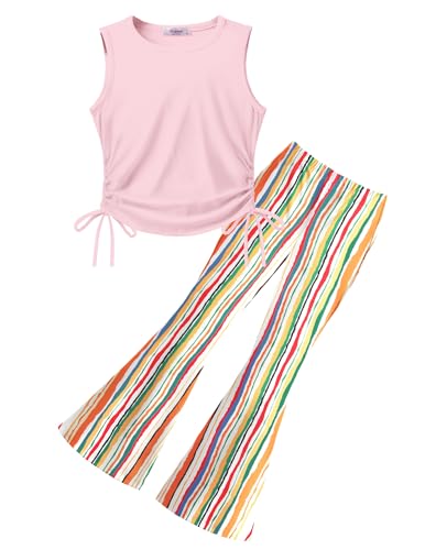 Image of Arshiner Toddler Girl Clothes 2 Piece Outfits Side Adjustable Drawstrings Tank Tops and Flare Leggings Pant Set