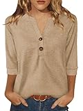 Dimur Shirts for Women V Neck 3/4 Sleeve Spring Summer Tops Button Down Womens Blouse Dressy Casual Basic T Shirts Beige X-Large