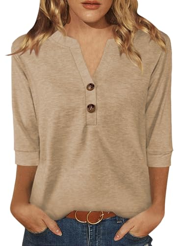 Womens Tops 3/4 Sleeve V Neck Button Down Shirts Business Casual Outfit Basic Tees Summer Top 2025