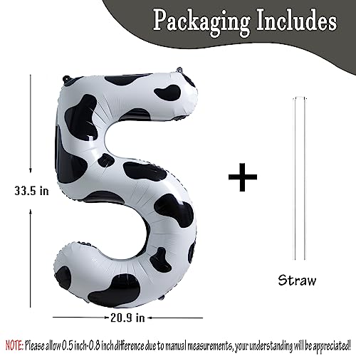 Image of Cow Print Number 5 Balloon, Large 40 Inch Cow Number Birthday Balloons | Helium Foil Mylar Balloon Cow Themed Birthday Party Decorations | Farm Barn Decor for kids,Girl,Boy