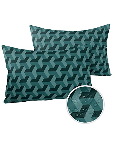 Outdoor Throw Pillow Covers 20x12 Waterproof Abstract Outdoor Pillows Decorative Pillow Covers Cushion Covers Pillowcase for Tent Patio Garden Couch Set of 2, Geometric Teal Impressionist Art Illusion