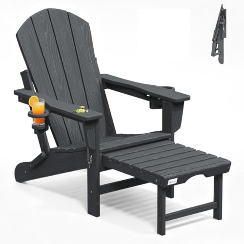 Mdeam Folding Adirondack Chair with Retractable Ottoman 20 W | 400LBS Capacity Dual Cup Holders All-Weather Wood-Like HDPE Outdoor Patio Lounge Recliner Fire Pit Chairs for Porch Lawn Deck Grey