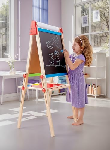 Hape All-in-1 Easel , Award-Winning Double-Sided Kids Standing Easel Adjustable Height Stand with Paper Roll, Chalkboard, Whiteboard, Magnets and 3 Paint Pots