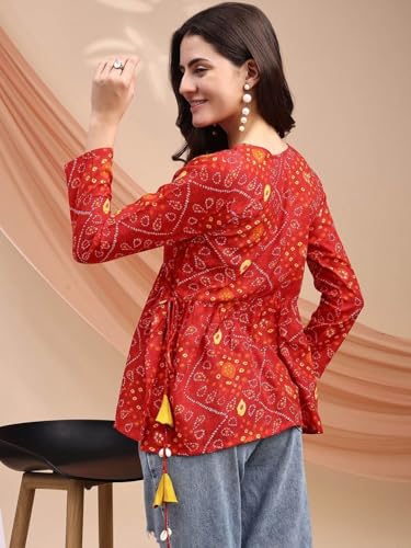 Image of MAHIRA'S Women's Short Kurti, Black Rayon Tunic Top with Embroidered Sleeves, 3 /4 Designer Sleeves