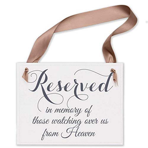 Reserved Memorial Wedding Chair Sign for Ceremony | Reserved for Those Watching Over Us From Heaven (Dark Gray Ink, Beige Ribbon)