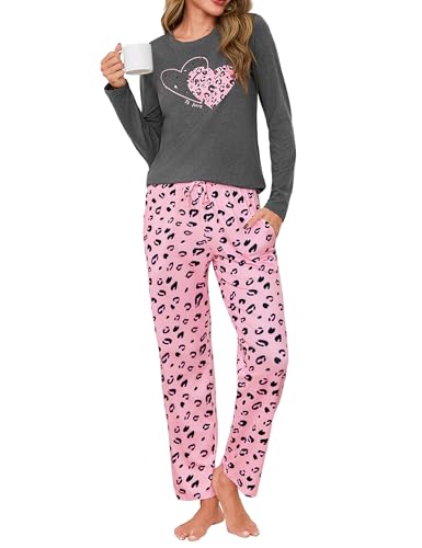 Uniexcosm Pigiama Donna Lungo, Pigiama Due Pezzi Maniche Lunghe+Pantaloni Set Pigiama Cotone Sleepwear Nightwear per Autunno Inverno TB L
