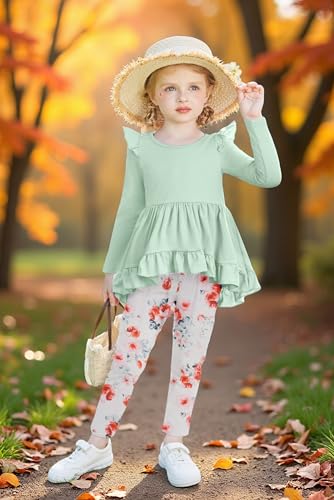 Image of Arshiner Toddler Girl Clothes Ruffle Trim Long Sleeve Pullover Top and Floral Print Leggings Fall Outfits Kids Clothing Sets
