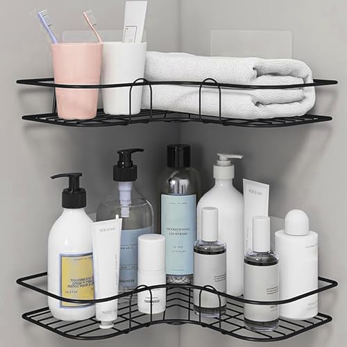 Image of Self Adhesive Bathroom Corner Shelf Without Drill, Stainless Steel Corner Rack, Shampoo Holder, Bathroom Storage Organizer, Rustproof (Black, Pack of 2)