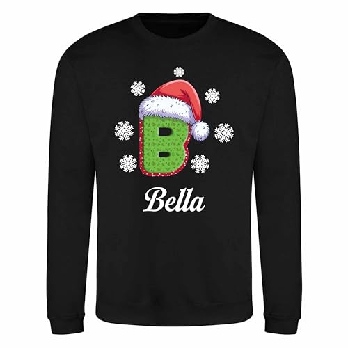 Image of Varsany Personalised Christmas Sweatshirt with Name – Santa Hat Initial Jumper for Kids and Adults Black 9-10 Years Personalised Christmas 01