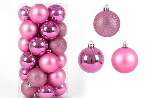 Image of 24 x 60 mm Pink Christmas Tree Baubles – Shatterproof Hanging Ornaments | Matt, Gloss & Glitter Finish | Premium Pink Bauble Set for Christmas Trees & Festive Decorations